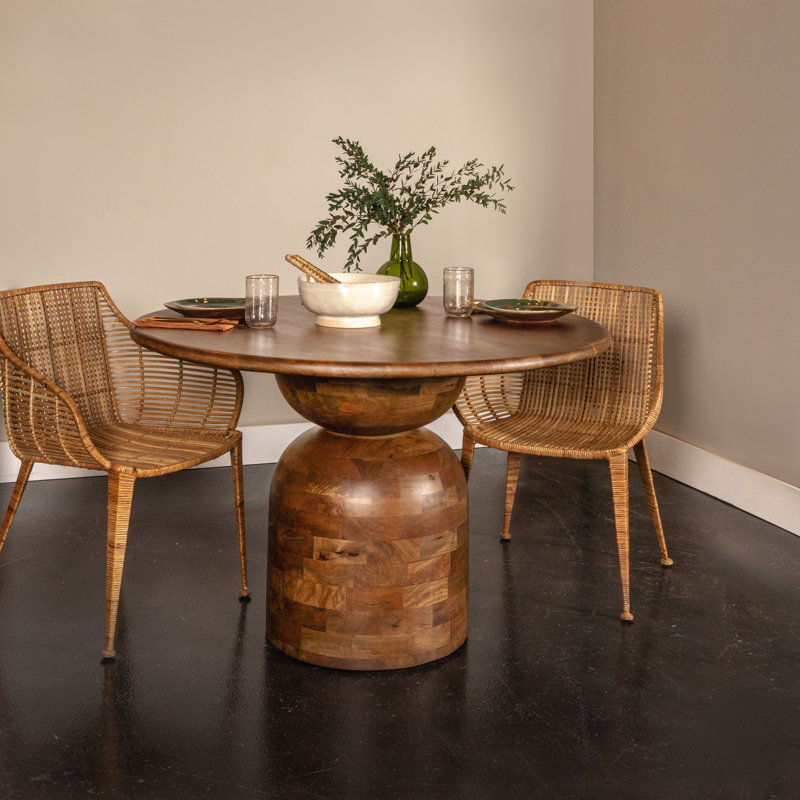 Table de salle à manger ronde en bois de manguier avec base empilée en grain, Noyer