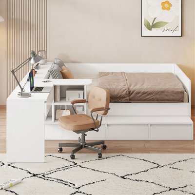 Full Size Wooden Platform Bed With 6 Drawers, Shelves And Dressing Table