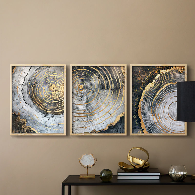 Abstract  Series  LXIII  -Set Of 3 Framed Giclee Prints -Ready to Hang, 28" H x 22" W, Natural Framed