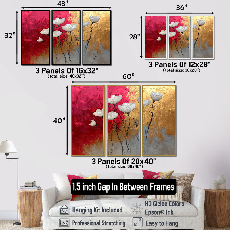 Fleurs dorées pures forme de marbre II - coquelicot, art mural, 3 pièces, H 32 po x l 48 po, Blanc