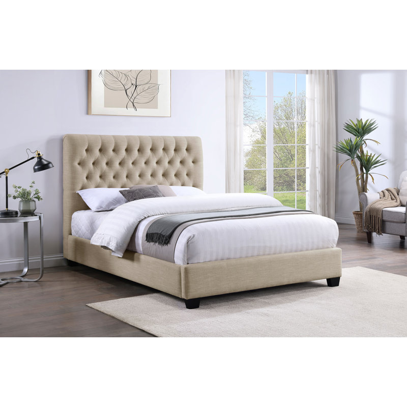 Martines Upholstered Queen Panel Bed Oatmeal, Queen, Beige