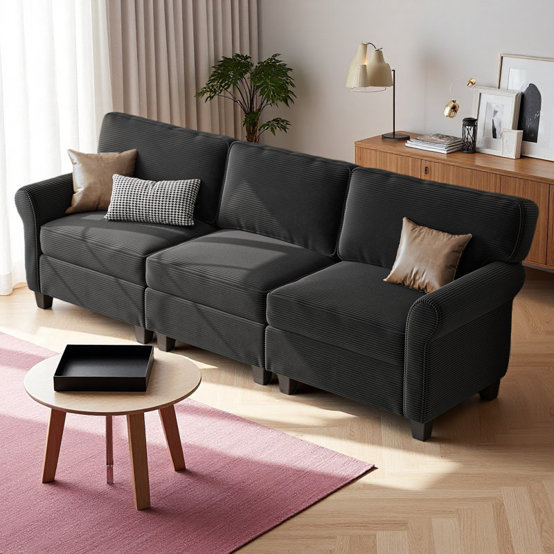 Canapé de 94 po en velours côtelé 3 places avec sièges profonds, éponge et accoudoirs épaissis à rebond élevé, coussins amovibles, panneau composite robuste et structure en bois massif pour le salon