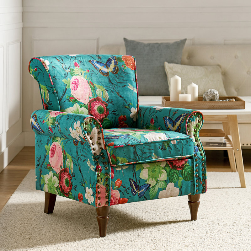 Asul Armchair with Nailhead Trim, Blue Floral Velvet