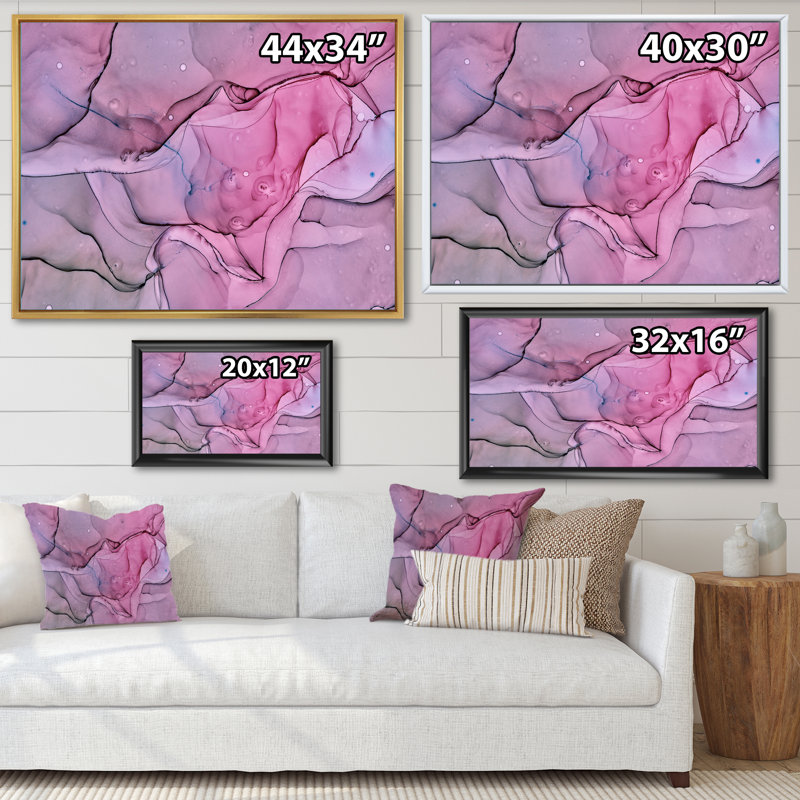 Paysage de marbre rose et mauve - peinture sur toile, Cadre flottant doré, H 34 po x l 44 po x P 1,5 po