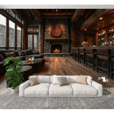 Peel and Stick Wallpaper Rustic Lodge Interior Stone Fireplace Wooden Cozy Seating Bar Wall Murals 69"H x 96"W Removable PVC Wall Paper Self-Adhesive Wall Decor for Bedroom Living Room Home Office