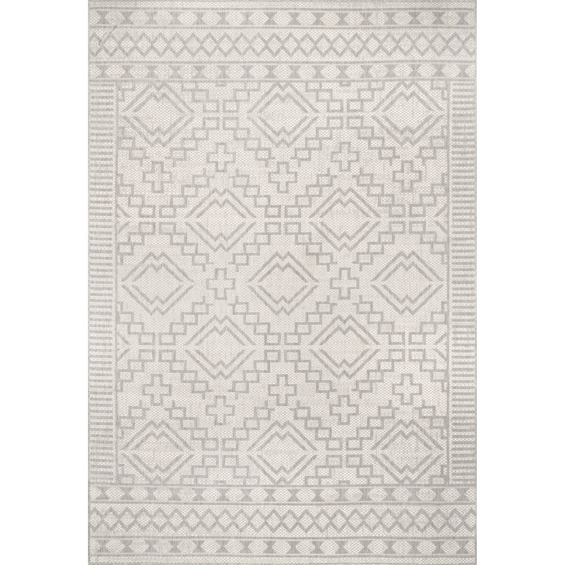 Parke Geometric Indoor/Outdoor Area Rug for Living Room Patio Deck Front Porch Kitchen, Grey/Ivory, Rectangle 5' x 8'