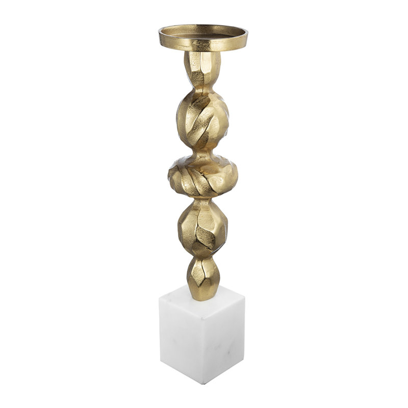 Porte-bougie Doz, base en marbre blanc, tige sphérique dorée de 19 pouces, H 18,7 po x l 4,5 po x P 4,5 po