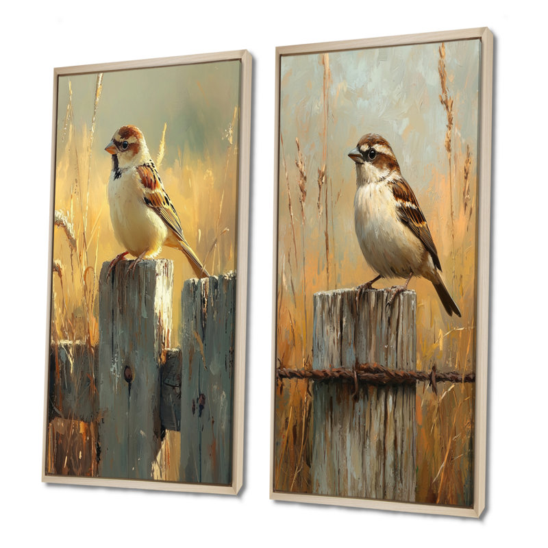 Oiseau moineau à la ferme, clôture I - animaux, art sur toile, collection 2 panneaux, H 40 po x l 41 po, Cadre crème crème