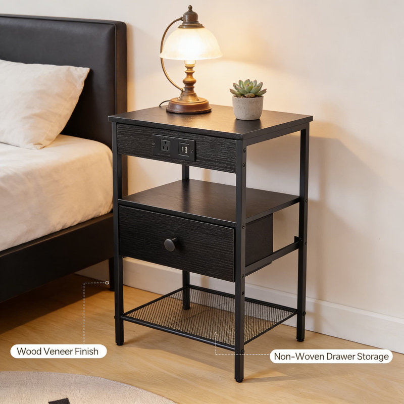 Table de chevet avec station de charge, tiroir en tissu réglable et lumières DEL - prise de courant CA intégrée, ports USB-A et Type-C, tablette de rangement personnalisable pour la chambre à coucher, le salon ou le bureau