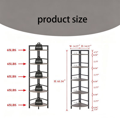 5-Tier Corner Bookshelf – Industrial Style Narrow Tall Wood Bookcase, Space-Saving Display Rack for Living Room, Kitchen, Home Office