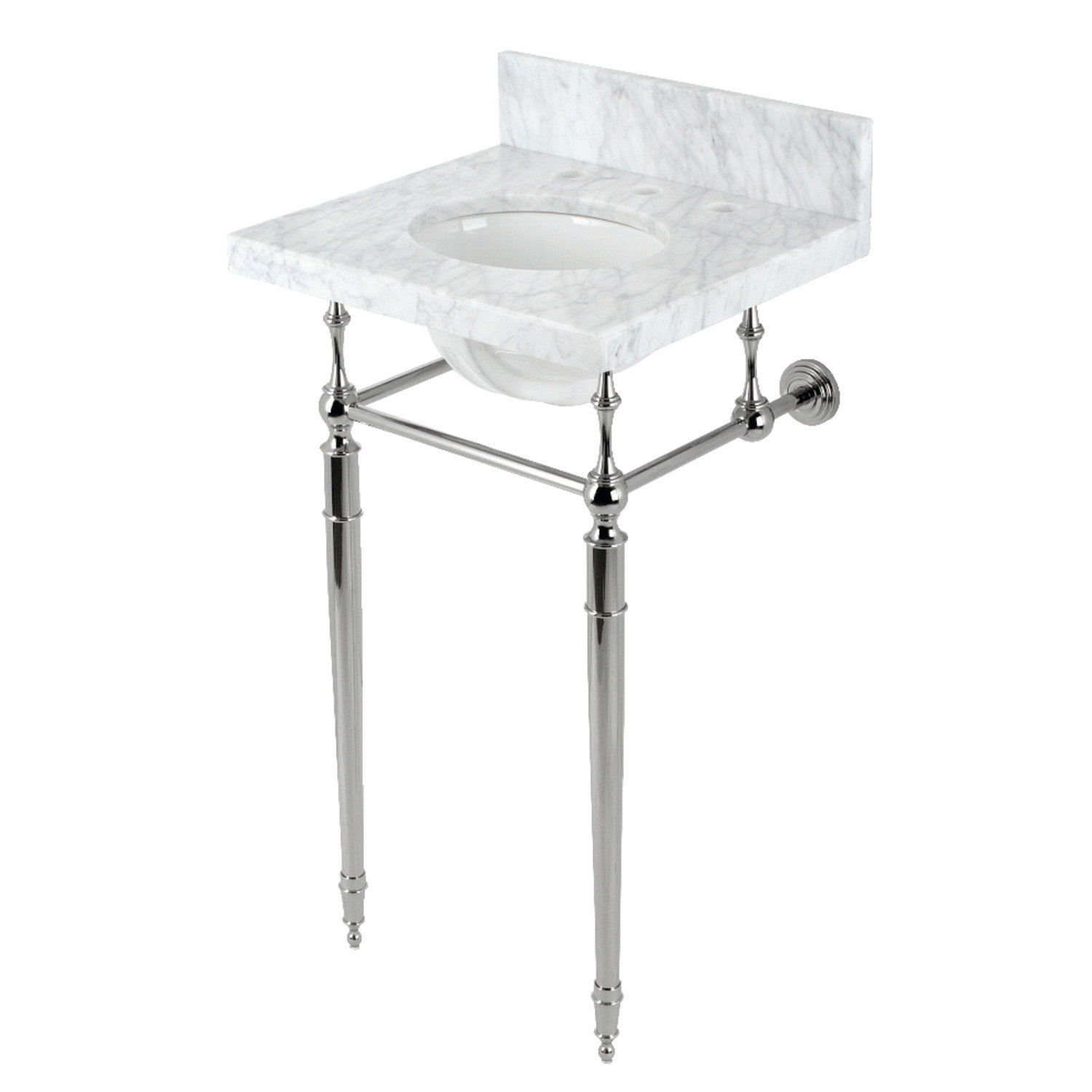 Kingston Brass Edwardian 19-Inch Carrara Marble Console Sink with Brass Legs (8-Inch, 3-Hole), Marble White/Polished Nickel