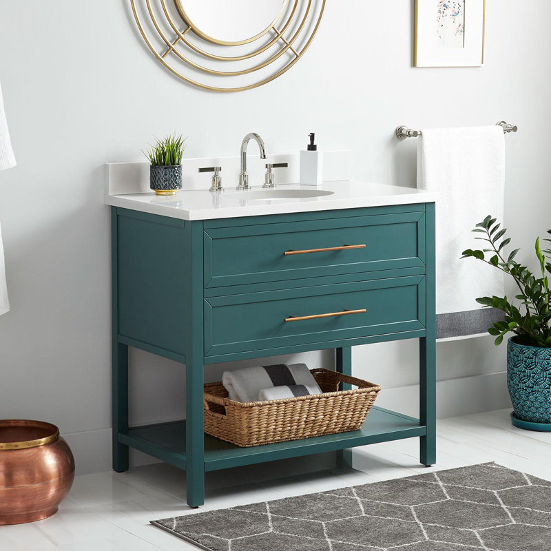 36" Robertson Single Bathroom Vanity Set with Oval Undermount Sink, Arctic White Quartz, 8" Widespread, Black