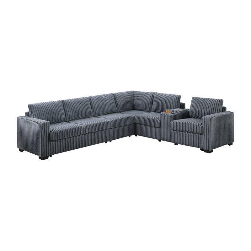 Modern Style L-Shape 4Pc Sectional Set Dark Gray Finish Reversible Loveseat USB Ports Cup Holder Armless Chair Plastic Legs Corduroy Upholstered Primary Living Room