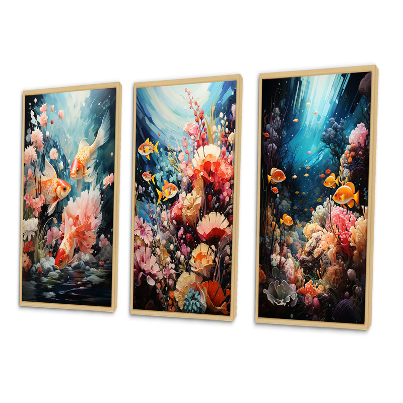 «Aquariums Enchanted Waters Pointillism», 3 pièces, Encadré naturel, H 28 po x l 36 po