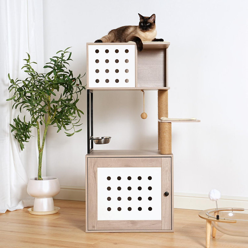Arbre à chat avec bac à litière, grand hamac, station d'alimentation et poteaux à griffer