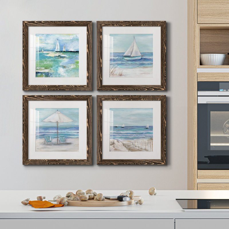 Jour sur le lac - Ensemble de 4 peintures sur toile encadrées, Blanc encadré, H 17 po x l 34 po x P 1,5 po
