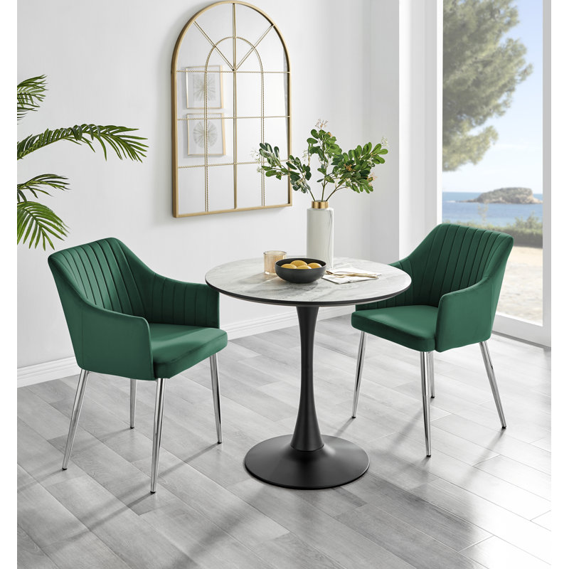 White Marble Effect Round Dining Table And 2 Luxury Velvet Dining Chairs, Green/Silver
