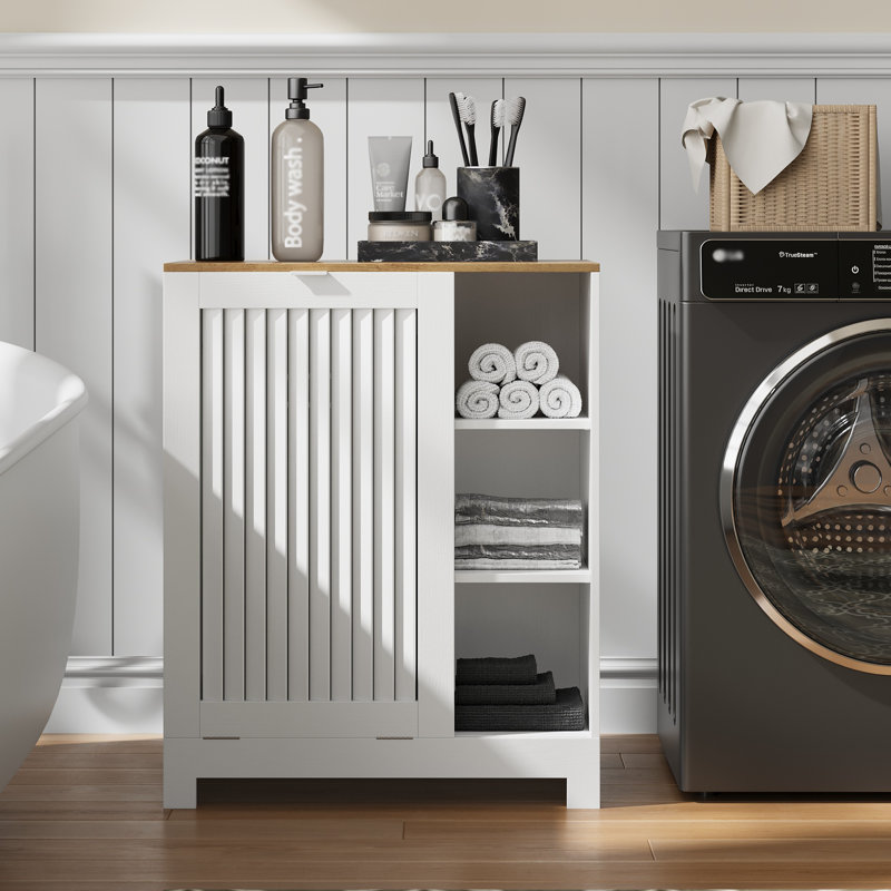 Armoire à linge avec panier amovible et tablettes réglables, armoire de rangement pour salle de bain