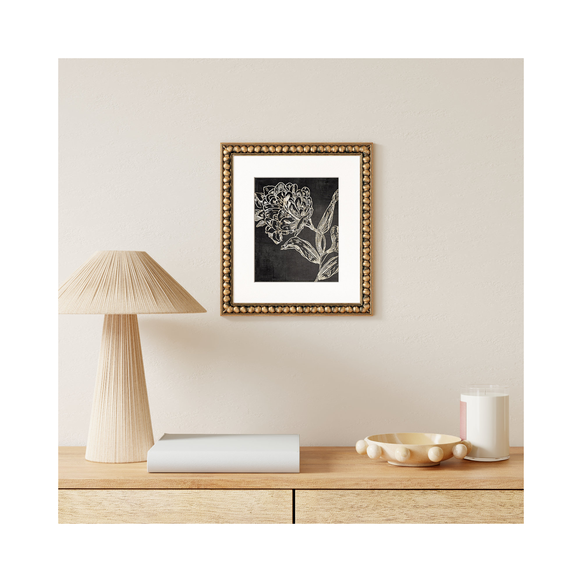 Golden Flower Folklore II by Asia Jensen - Picture Frame Graphic Art, 16" H x 14" W, Gold Bead