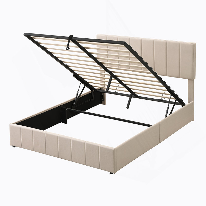 Grand lit plateforme tapissier avec système de rangement hydraulique, Beige, Grand