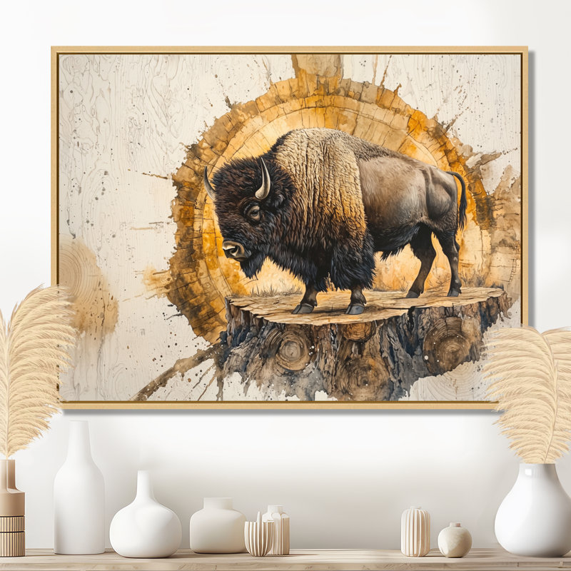 Portrait de bison américain Mareda sur glissade sur bois - art mural grand bison, H 30 po x l 40 po, Cadre flottant, Naturel