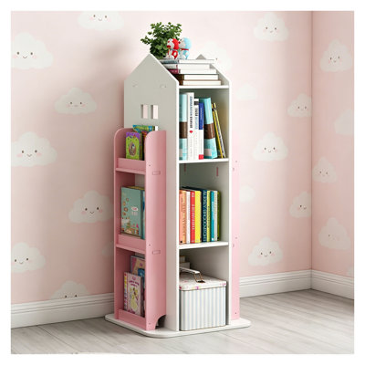 Pink and White 4-Tier Rotating Bookshelf for Kids Rooms