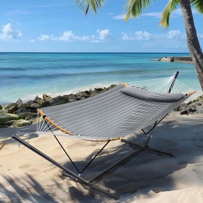 Hammock With Stand, 2 Person Heavy Duty Hammock Frame, Detachable Pillow & Strong Curved-Bar & Portable Carrying Bag For Outdoor & Indoor - Gray