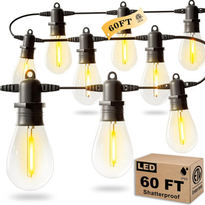 60FT LED Outdoor String Lights with 16+1 Edison Shatterproof IP65 Waterproof Bulbs, 2700K Dimmable