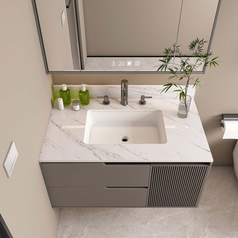 Comptoir de meuble-lavabo en marbre de 37 po, comptoir blanc avec 3 trous de robinet pré-percés, comptoir de salle de bain avec lavabo central rectangulaire encastré et dosseret de 4 po de hauteur, Bianco Carrara Venato