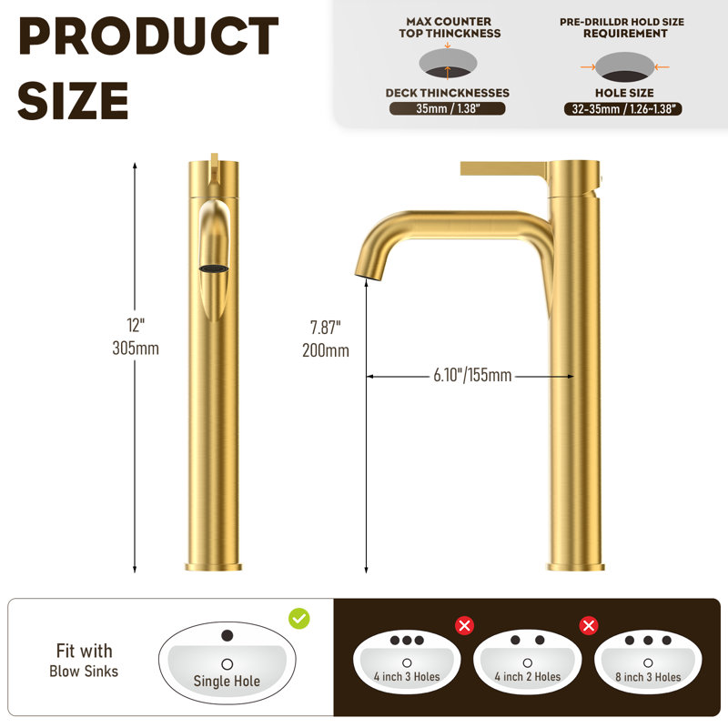 Robinet de lavabo vasque de salle de bain haut brossé 1 trou haut, robinet de salle de bain haut monocorps à poignée simple, avec bonde escamotable et conduite d'alimentation en eau