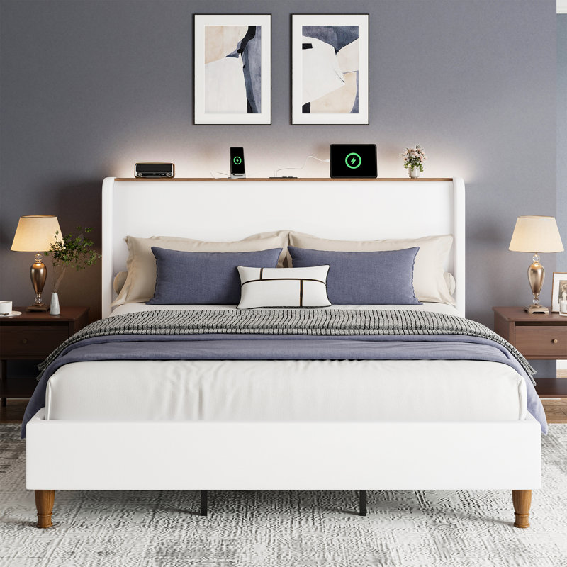 Upholstered Platform Bed With Led Lights & Charging Station, White, Queen, White