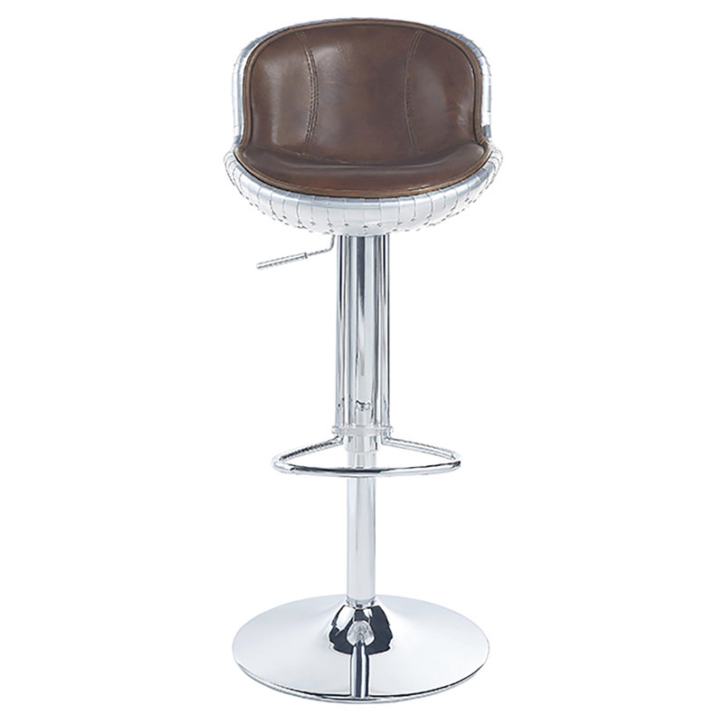 Tabouret rembourré en cuir brun rétro - réglable avec patchwork en aluminium et cadre en métal pivotant