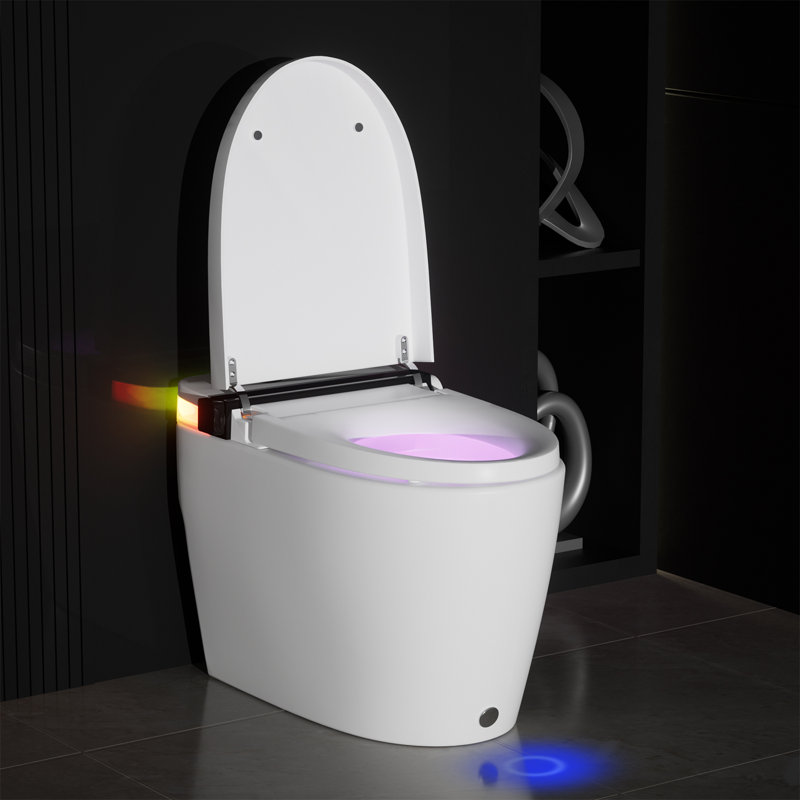 Toilette intelligente une pièce avec siège chauffant à fermeture silencieuse, capteur de pied / hors siège / occultant / chasse à distance, toilette allongée avec bidet sans réservoir, veilleuse douce, télécommande