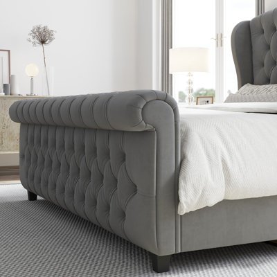 Dulane Velvet Upholstered Sleigh Bed with Scroll Wingback