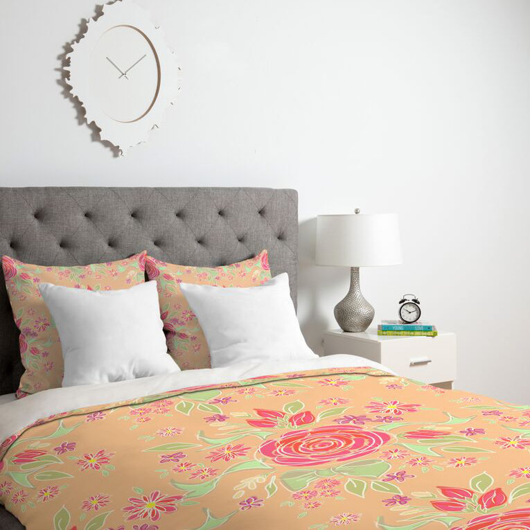 Ensemble de housse de couette en microfibre rose / orange, Housse de couette pour lit simple + 1 taie décora, Pièce unique