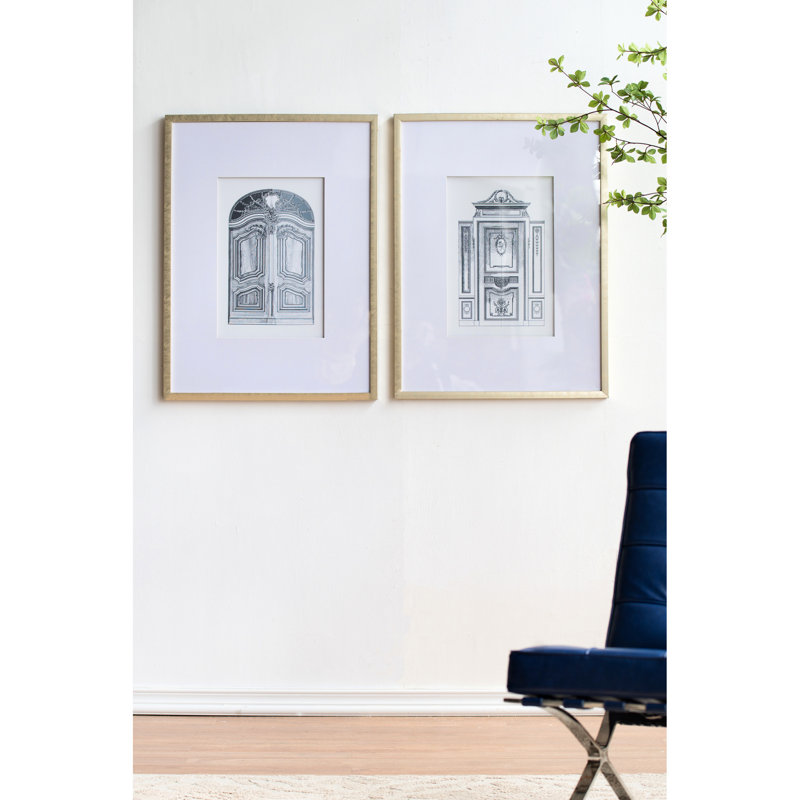 De 2 œuvres d'art murales avec crayon, 24 po x 32 po, motifs de portes ornées, paire d'éléments décoratifs en plastique argenté 24 po x 32 po, décor architectural, croquis, mise en valeur