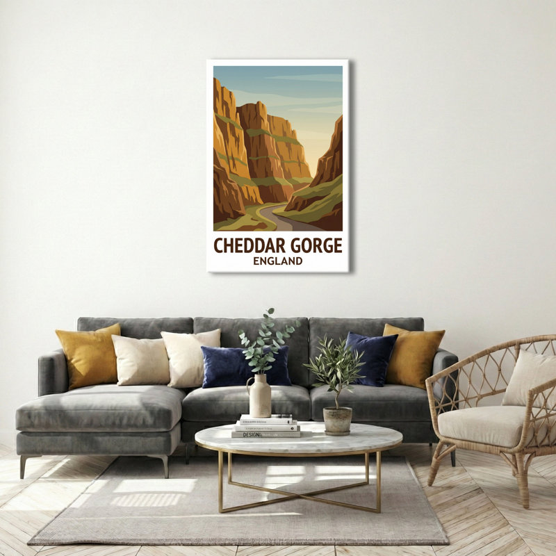 Cheddar Gorge, England - Romantic Travel-Poster Of Somerset's Dramatic Cliffs. Giclee Print On Wrapped Canvas. Wall Art, Home Decor - Natural Landmarks, England - Wrapped Canvas Print