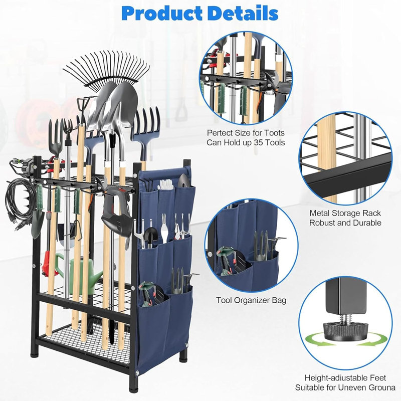 Garden Yard Tool Organizer Rack with Hooks and Side Pockets
