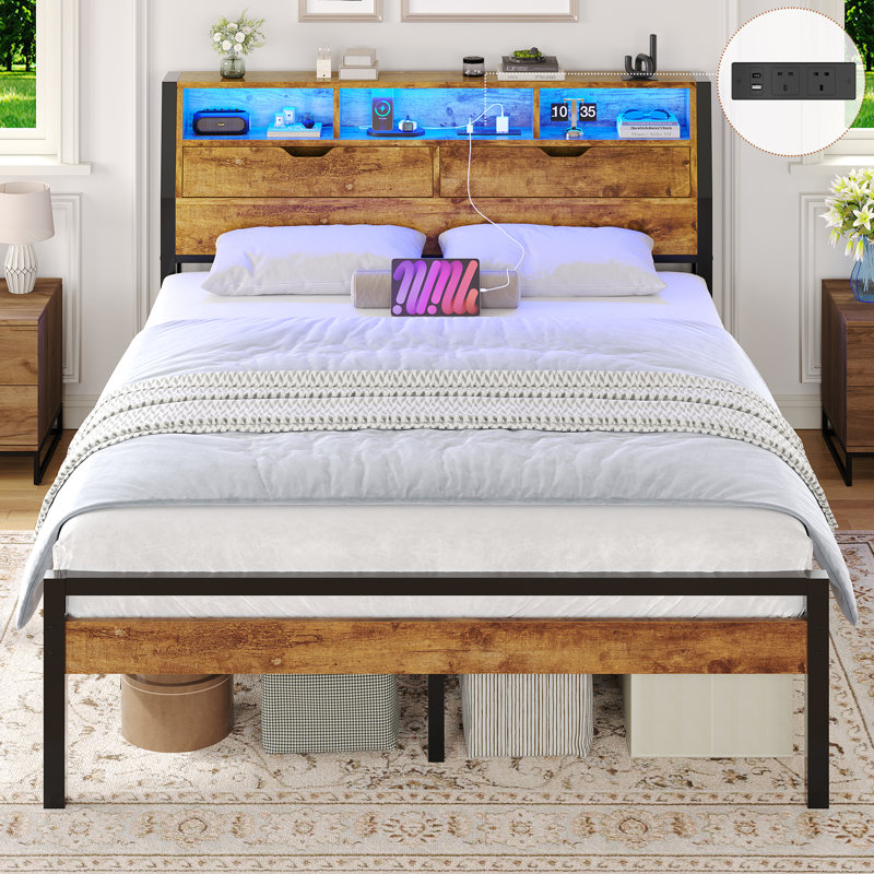Metal Bed Frame with LED Light and Charging Stations, Platform Bed Frame with Wooden Headboard, No Box Spring Needed