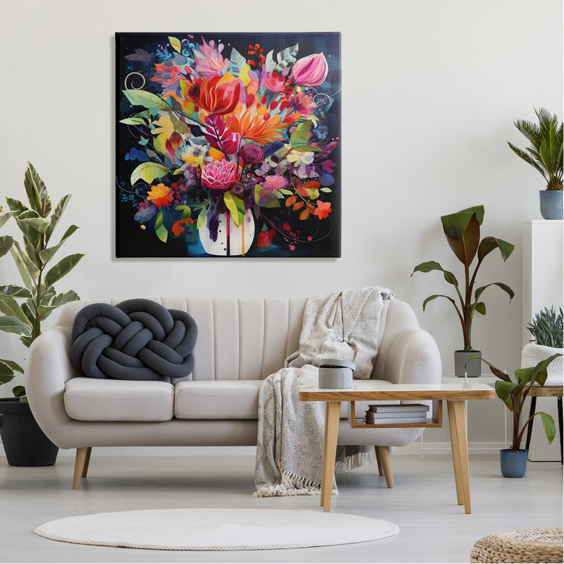 Fleurs modernes sur fond bleu sur toile, H 36 po x l 36 po x P 1,5 po