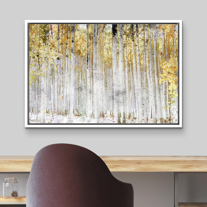 Aspen Birch Autumn Fall White Birch Tree Forest with Yellow Leaves Nature Landscape Rustic on Canvas, Cadre blanc