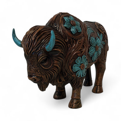 Tooled Flower Bison Turquoise Rustic Southwestern Decorative Sculpture