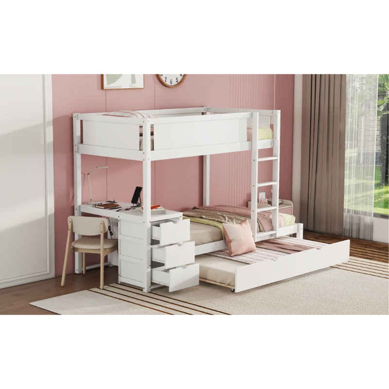 Lit superposé Twintwin avec bureau de rangement, lit gigogne simple et prises de courant, blanc - chambre à coucher moderne indispensable pour les familles