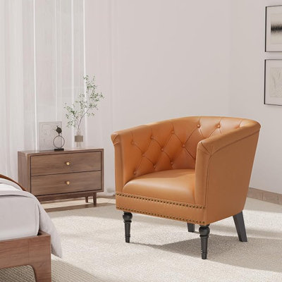 Fauteuil d'appoint en similicuir de forme tonneau, fauteuil baquet capitonné avec garniture cloutée, fauteuil rembourré pour salon, chambre, bureau à domicile et entrée