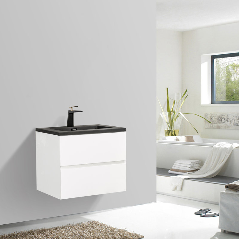 Nerti 24 po L x 19 po P 2 tiroirs Meuble-lavabo avec évier simple et Comptoir en Quartz noir, Blanc