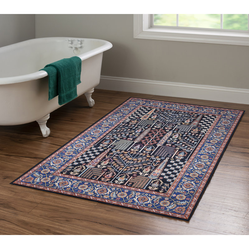 Emanuel Traditional Machine Woven Flatweave Navy and Blue Area Rug with Non Skid Backing , Rectangle 3'3" x 5'