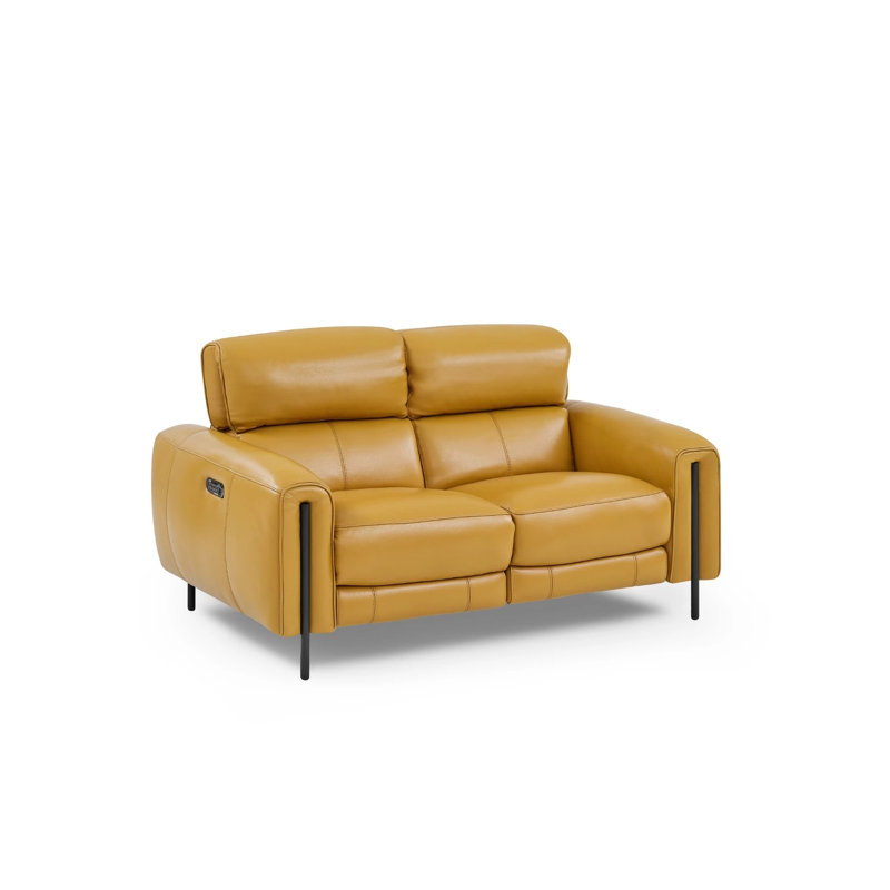 Causeuse inclinable en cuir véritable à accoudoirs arrondis 66 po Charm, Jaune