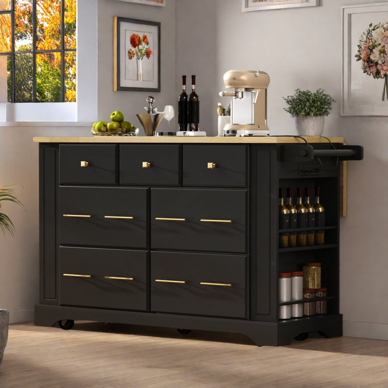 51.2" Wide Kitchen Island With Drop Leaf, Black