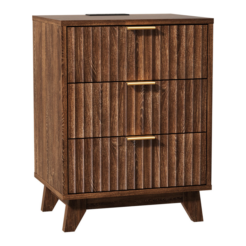 17.72 Inch 3 Drawer Grid Pattern Vredenburgh With US Standard Power Outlets, Walnut