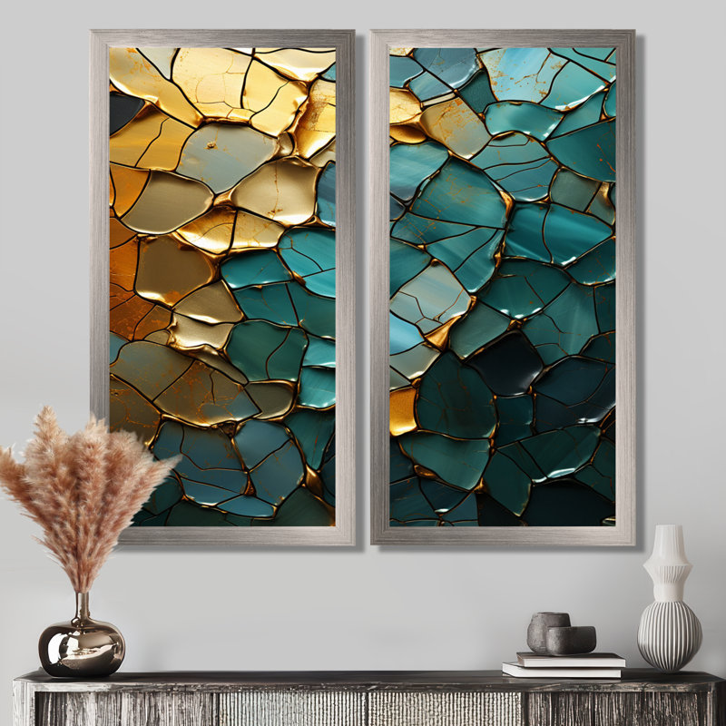 Abstrait bleu sarcelle or calcaire cristallin - art mural grand marbre, impression sur toile abstraite bleu sarcelle 2 panneaux